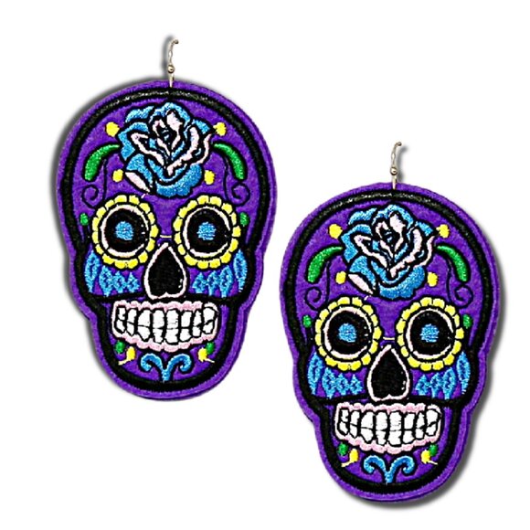 Hand Embroidered Halloween Sugar Skull Day of the Dead NOLA Statement Earrings - Picture 6 of 7
